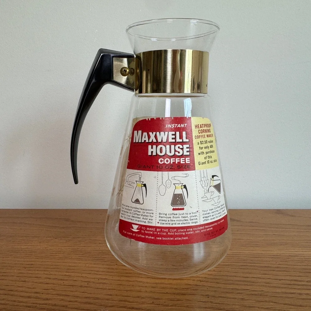 Vintage Maxwell House Corning Glass Coffee Carafe Atomic Gold Starburst MCM 10oz